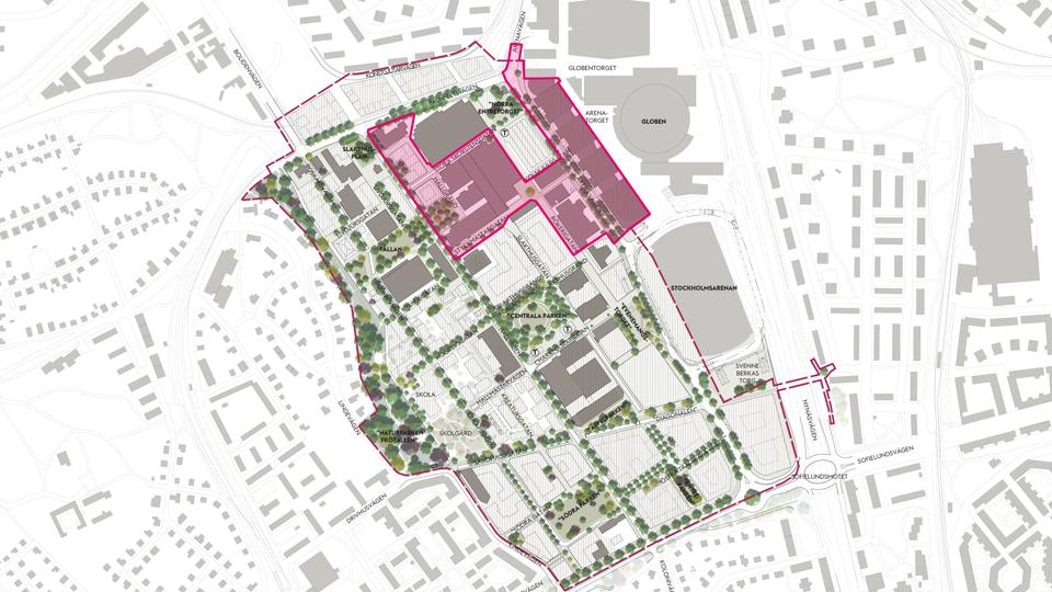 Strukturplan med kulturkvarteren (2A) i röd heldragen linje. Byggnader som föreslås sparas är markerade med grått.Strukturplan med kulturkvarteren (2A) i röd heldragen linje. Byggnader som föreslås sparas är markerade med grått.